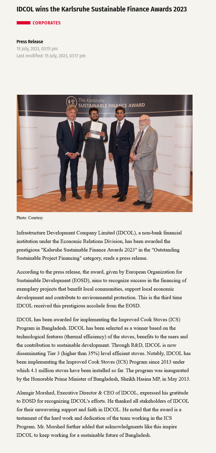 IDCOL wins the Karlsruhe Sustainable Finance Awards 2023